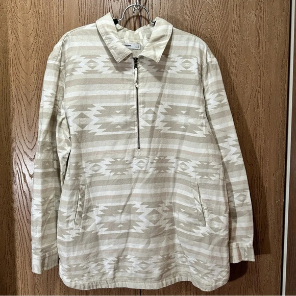 NWT Aztec Print Long Sleeve Sweater Women's Lg Tan Flannel Quarter Zip Pullover - Picture 1 of 8